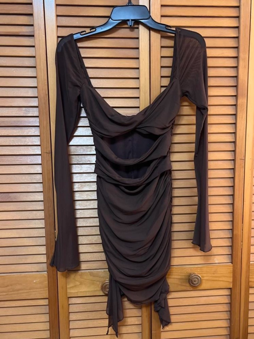 Oh Polly Chocolate Brown Ruched Long Sleeve Mini Dress